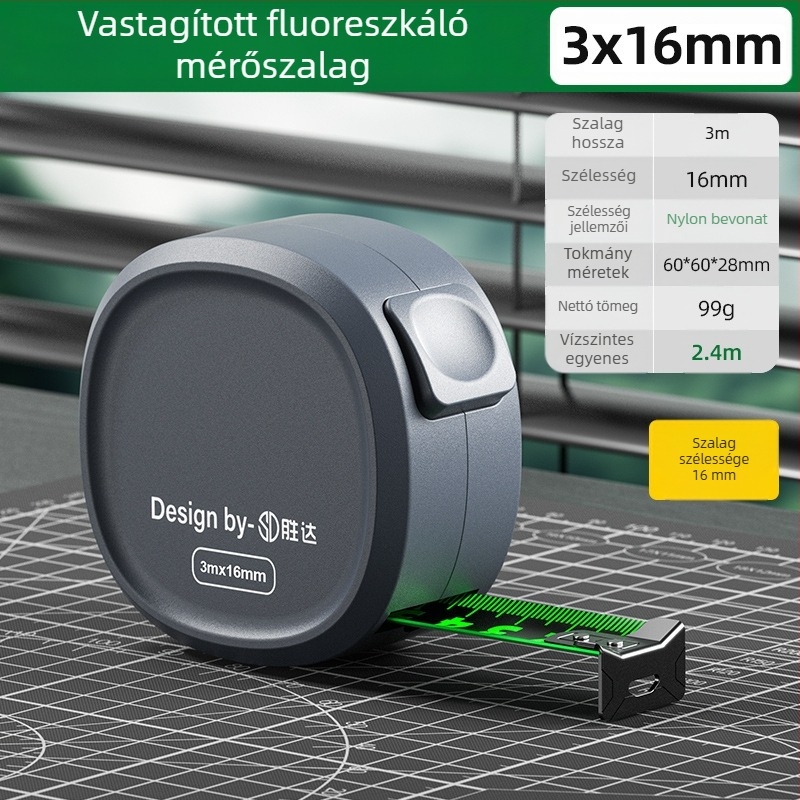 Önzáró mérőszalag acélcsíkkal, megerősített kialakítás, kopásálló tokkal, fluoreszkáló szalag