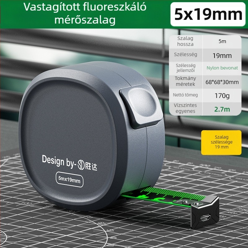 Önzáró mérőszalag acélcsíkkal, megerősített kialakítás, kopásálló tokkal, fluoreszkáló szalag
