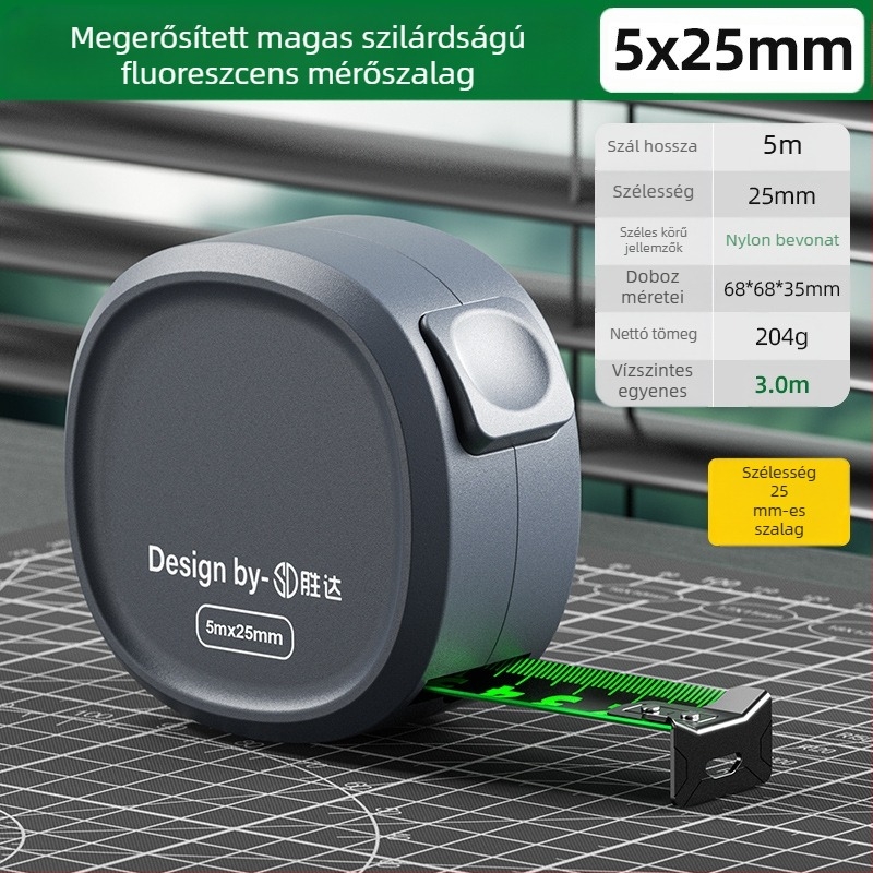 Önzáró mérőszalag acélcsíkkal, megerősített kialakítás, kopásálló tokkal, fluoreszkáló szalag