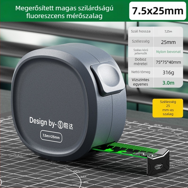 Önzáró mérőszalag acélcsíkkal, megerősített kialakítás, kopásálló tokkal, fluoreszkáló szalag
