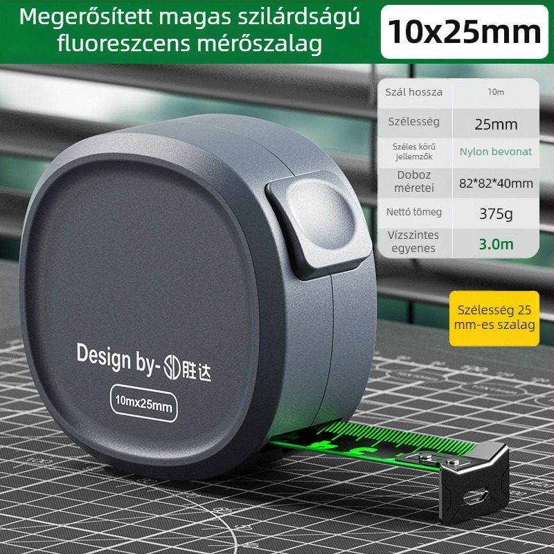 Önzáró mérőszalag acélcsíkkal, megerősített kialakítás, kopásálló tokkal, fluoreszkáló szalag