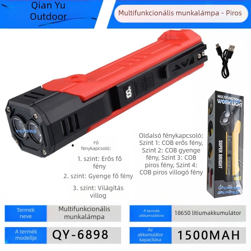 COB LED munkalámpa kettős fényforrással, 180°-os forgás, tollklipsz és mágnes, 5W, 1500mAh, újratölthető