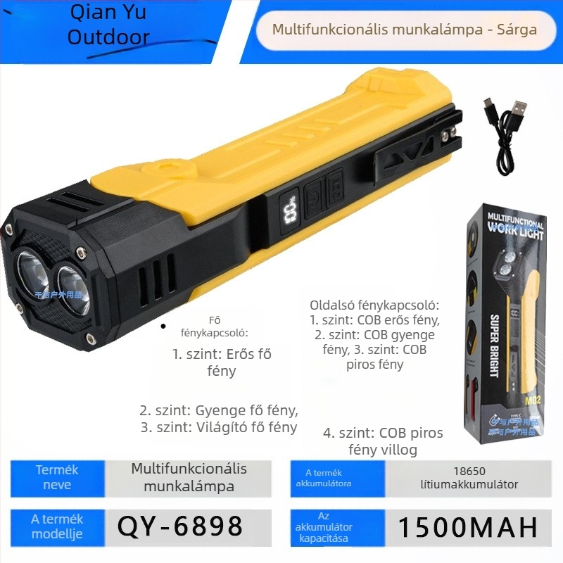 COB LED munkalámpa kettős fényforrással, 180°-os forgás, tollklipsz és mágnes, 5W, 1500mAh, újratölthető