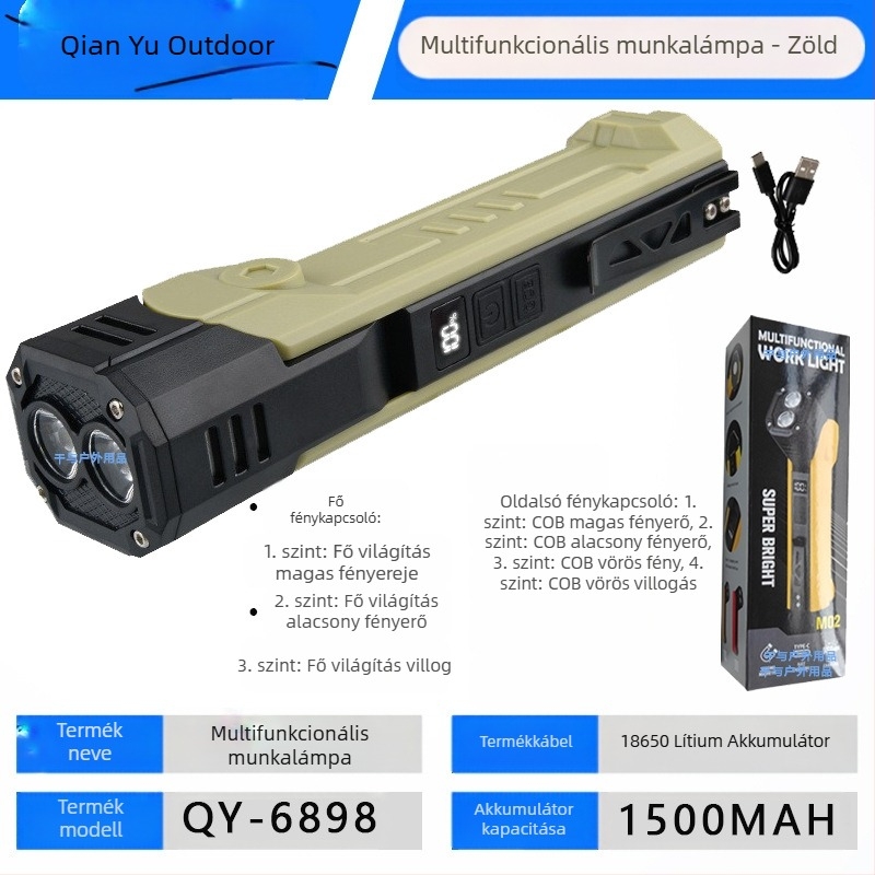 COB LED munkalámpa kettős fényforrással, 180°-os forgás, tollklipsz és mágnes, 5W, 1500mAh, újratölthető