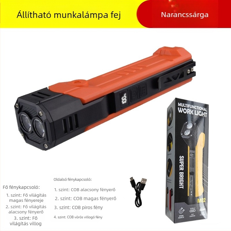 COB LED munkalámpa kettős fényforrással, 180°-os forgás, tollklipsz és mágnes, 5W, 1500mAh, újratölthető