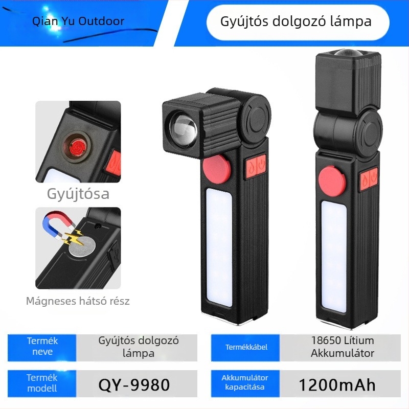 COB LED munkalámpa kettős fényforrással, 180°-os forgás, tollklipsz és mágnes, 5W, 1500mAh, újratölthető