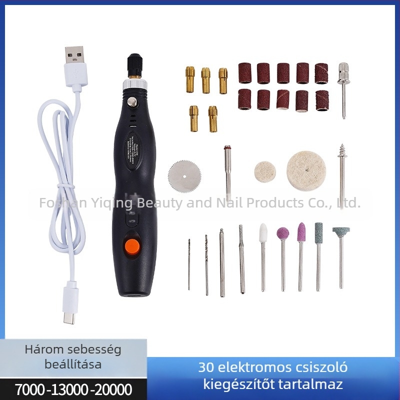 Precíziós mini elektromos fúró gravírozáshoz kőre és fára, gravírozás és polírozás (újratölthető lítium akkumulátor, 3.7V–5V, háromfokozat sebesség, 1 m kábel)