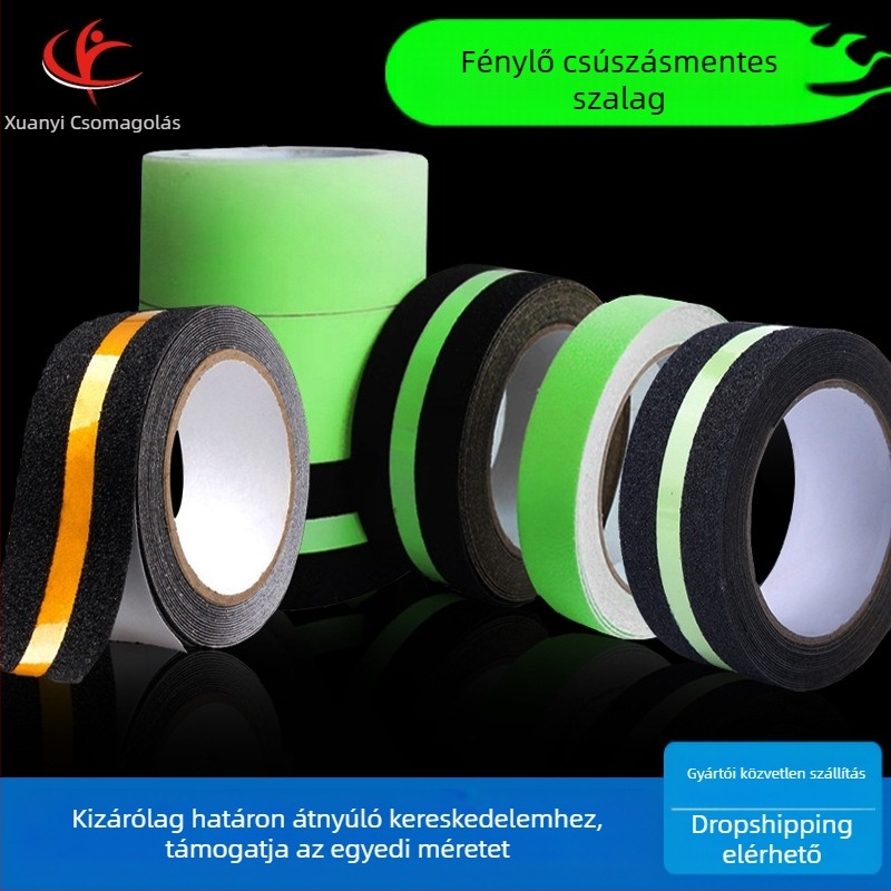 PET-alapú lépcsőbiztonsági szalag, foszforeszkáló, csúszásmentes, nyomtatható, alkalmas lépcsők, fürdőszobák és szállodák számára