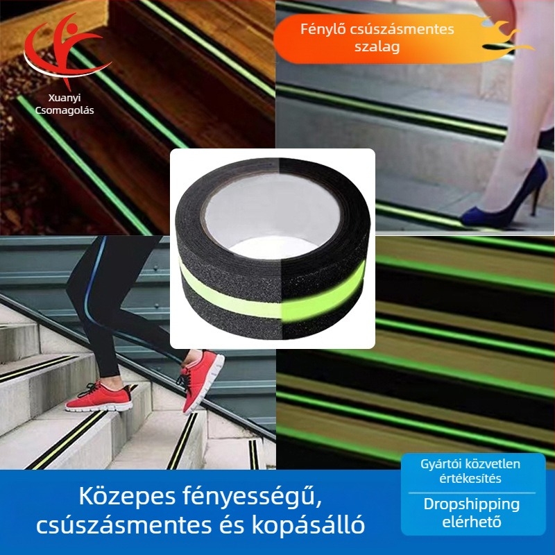 PET-alapú lépcsőbiztonsági szalag, foszforeszkáló, csúszásmentes, nyomtatható, alkalmas lépcsők, fürdőszobák és szállodák számára