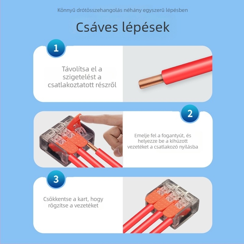 Gyors kapcsolóterminál párhuzamos és elágazó vezetékekhez, 2345 lyuk, 1 bemenet-1 kimenet, gyors csatlakozó retesz