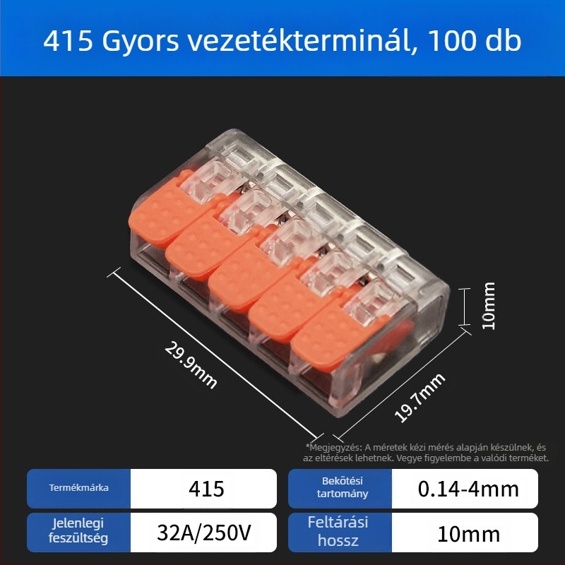 Gyors kapcsolóterminál párhuzamos és elágazó vezetékekhez, 2345 lyuk, 1 bemenet-1 kimenet, gyors csatlakozó retesz