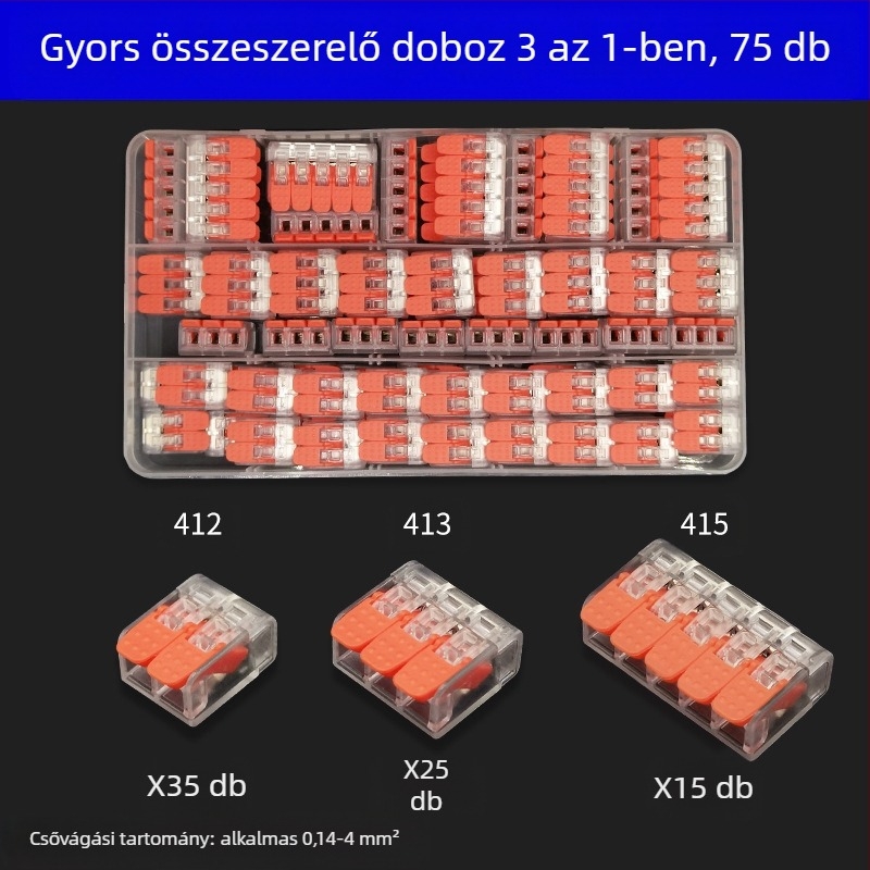 Gyors kapcsolóterminál párhuzamos és elágazó vezetékekhez, 2345 lyuk, 1 bemenet-1 kimenet, gyors csatlakozó retesz