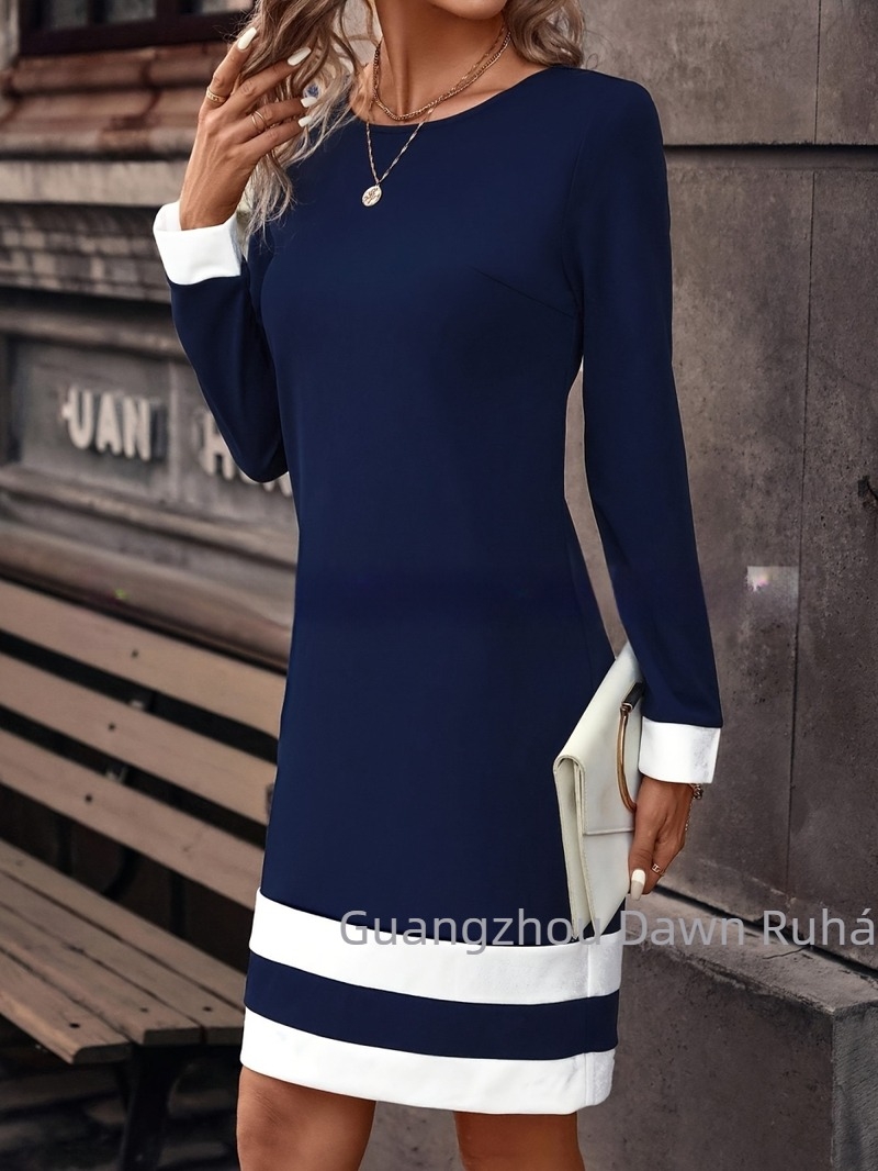 Bodycon ruha színblokkokkal, hosszú ujjú, kerek nyakú, poliészter
