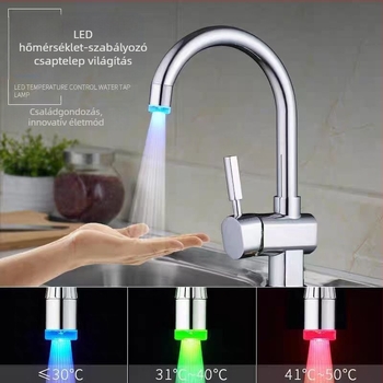 Konyhai csap hosszabbító fröccsenés elleni védelemmel, LED hőmérséklet-érzékelő fej, zöldségek mosásához szűrő és zuhanyzó, modell 017, ABS anyag, kézi telepítés, felület injekciós formázás, modern minimalista stílus