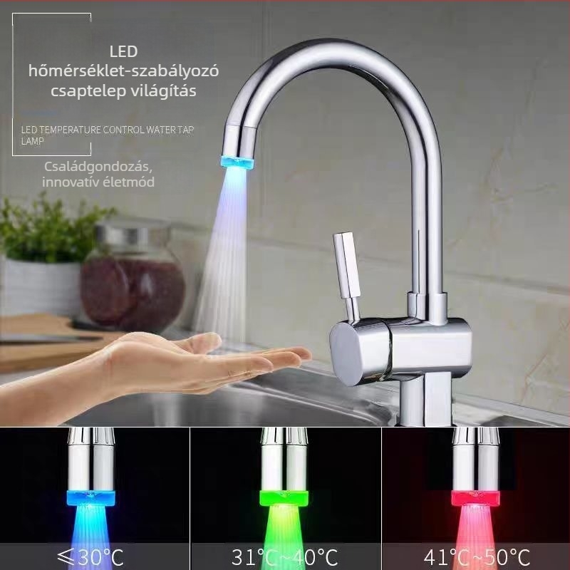 Konyhai csap hosszabbító fröccsenés elleni védelemmel, LED hőmérséklet-érzékelő fej, zöldségek mosásához szűrő és zuhanyzó, modell 017, ABS anyag, kézi telepítés, felület injekciós formázás, modern minimalista stílus