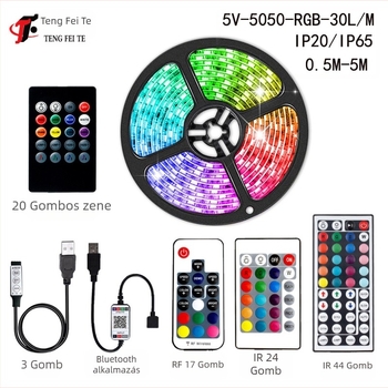 RGB LED szalag 30 darab 5050 LED-del, 5V bemenet, 24 gombos távirányító és Bluetooth alkalmazás vezérlés, 120° sugárzás