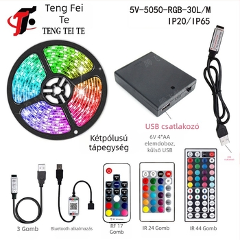 RGB LED szalag 30 darab 5050 LED-del, 5V bemenet, 24 gombos távirányító és Bluetooth alkalmazás vezérlés, 120° sugárzás
