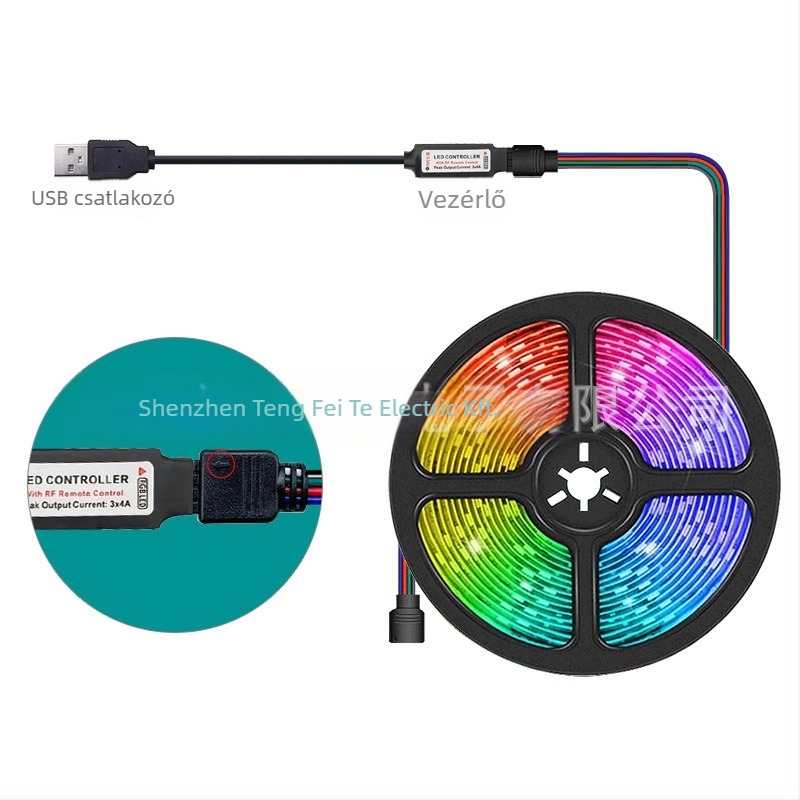 RGB LED szalag 30 darab 5050 LED-del, 5V bemenet, 24 gombos távirányító és Bluetooth alkalmazás vezérlés, 120° sugárzás