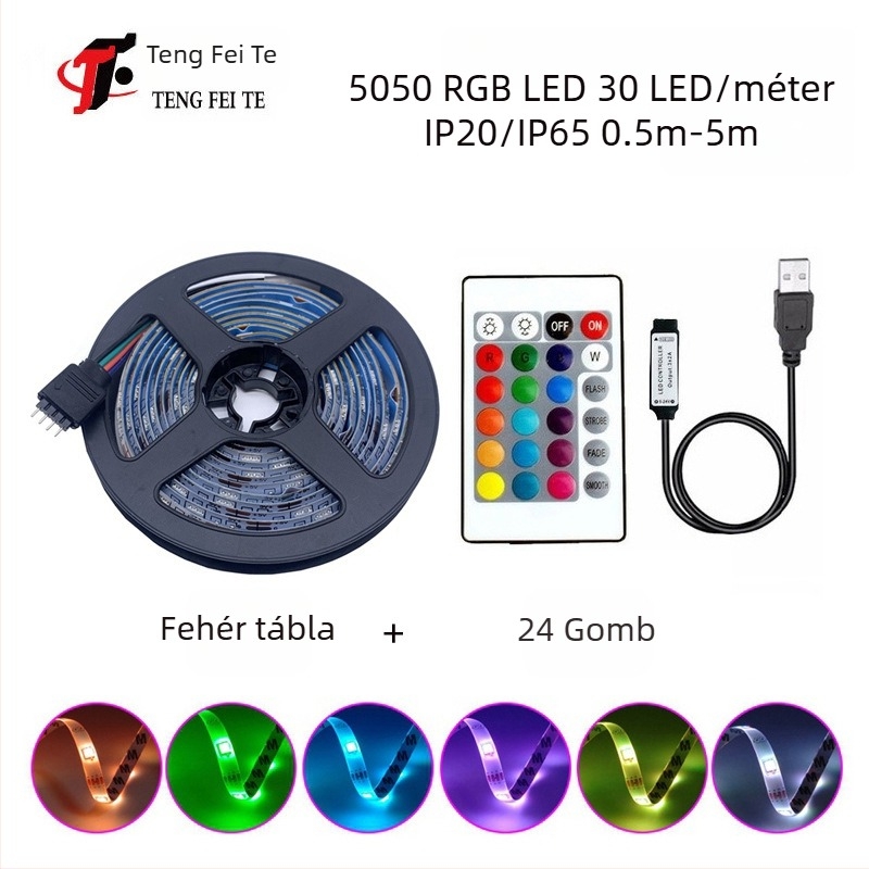 RGB LED szalag 30 darab 5050 LED-del, 5V bemenet, 24 gombos távirányító és Bluetooth alkalmazás vezérlés, 120° sugárzás