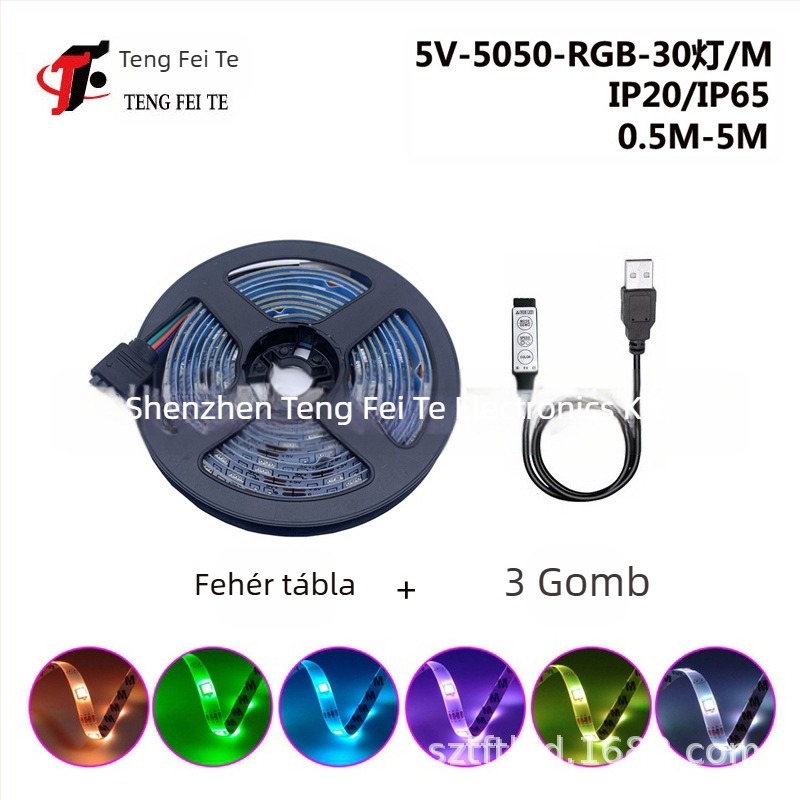 RGB LED szalag 30 darab 5050 LED-del, 5V bemenet, 24 gombos távirányító és Bluetooth alkalmazás vezérlés, 120° sugárzás