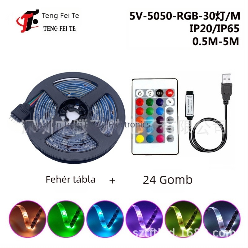 RGB LED szalag 30 darab 5050 LED-del, 5V bemenet, 24 gombos távirányító és Bluetooth alkalmazás vezérlés, 120° sugárzás