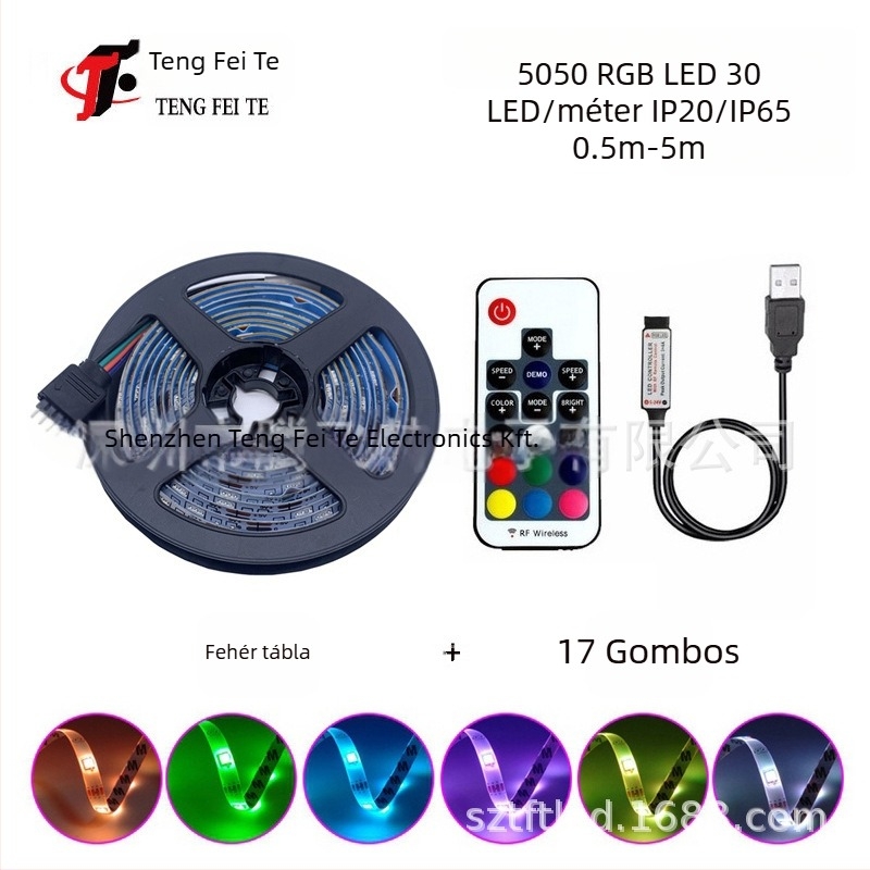 RGB LED szalag 30 darab 5050 LED-del, 5V bemenet, 24 gombos távirányító és Bluetooth alkalmazás vezérlés, 120° sugárzás