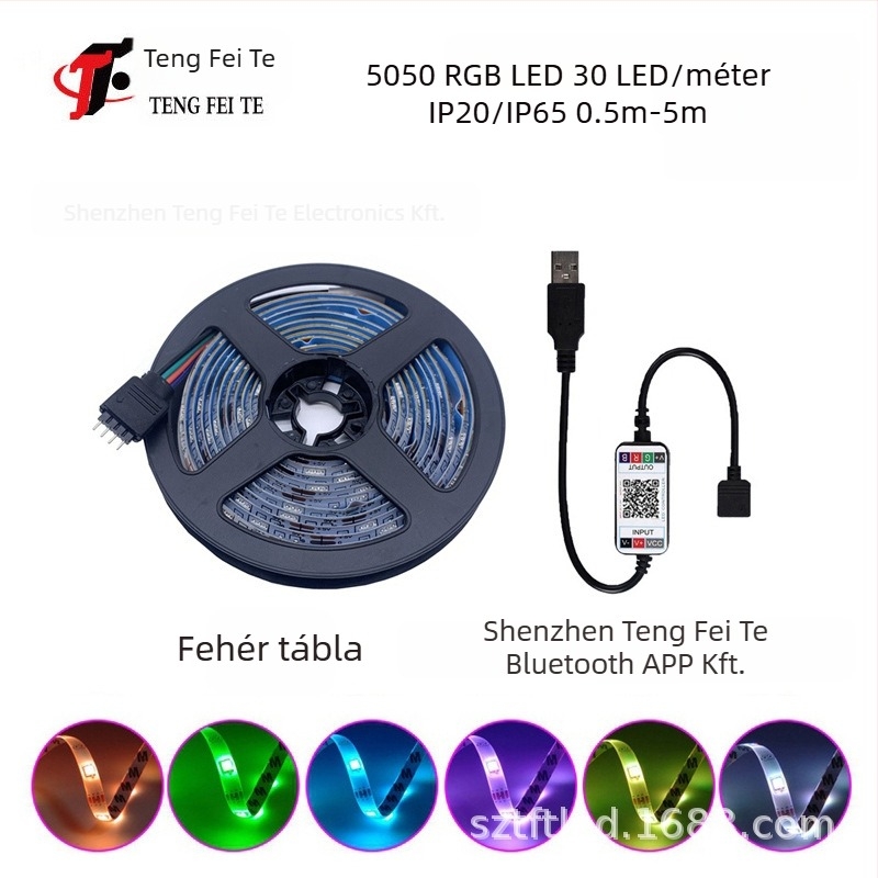 RGB LED szalag 30 darab 5050 LED-del, 5V bemenet, 24 gombos távirányító és Bluetooth alkalmazás vezérlés, 120° sugárzás