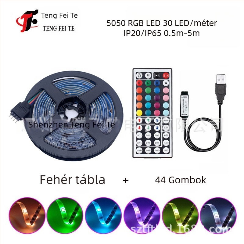 RGB LED szalag 30 darab 5050 LED-del, 5V bemenet, 24 gombos távirányító és Bluetooth alkalmazás vezérlés, 120° sugárzás