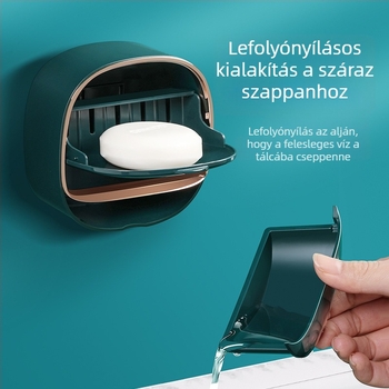 Falra szerelhető héj alakú szappantartó fedővel és lefolyóval, ABS anyag, szívókorongos rögzítés, logónyomás, testreszabható