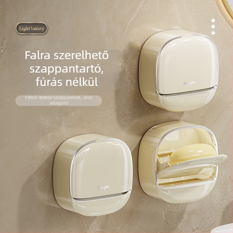 Falra szerelhető héj alakú szappantartó fedővel és lefolyóval, ABS anyag, szívókorongos rögzítés, logónyomás, testreszabható