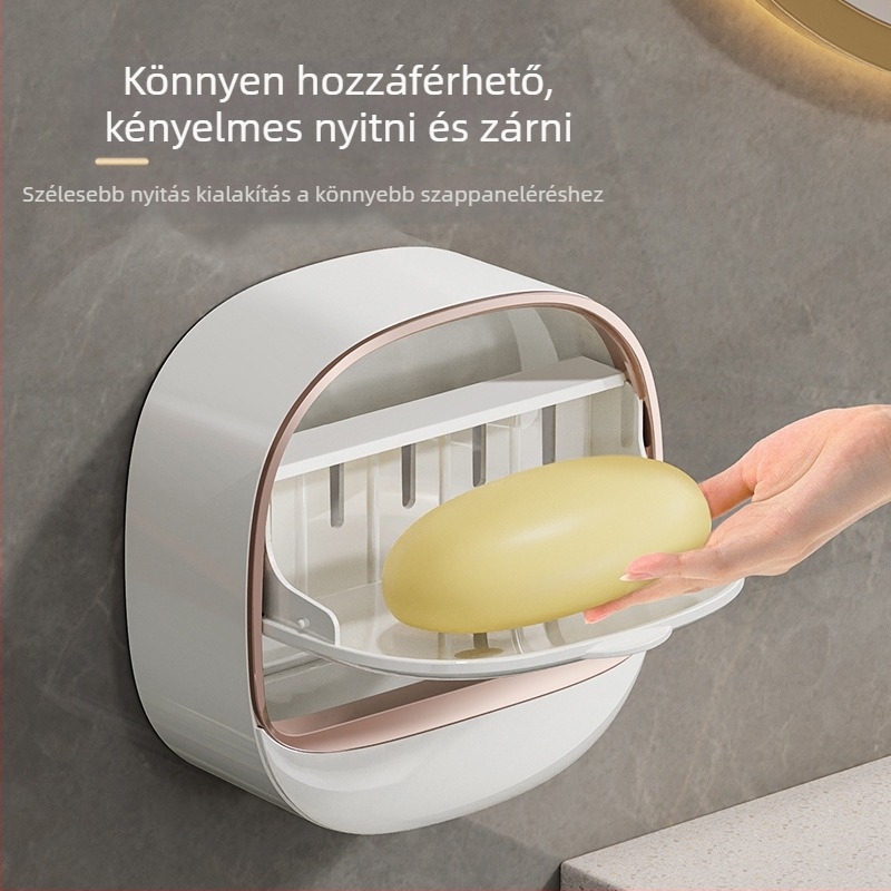 Falra szerelhető héj alakú szappantartó fedővel és lefolyóval, ABS anyag, szívókorongos rögzítés, logónyomás, testreszabható