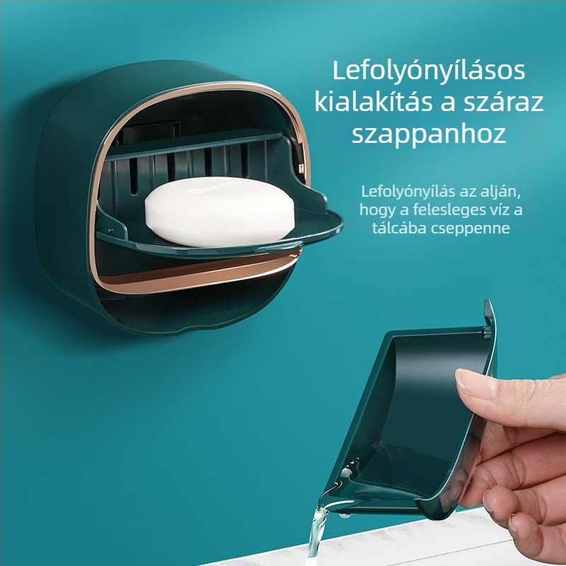 Falra szerelhető héj alakú szappantartó fedővel és lefolyóval, ABS anyag, szívókorongos rögzítés, logónyomás, testreszabható