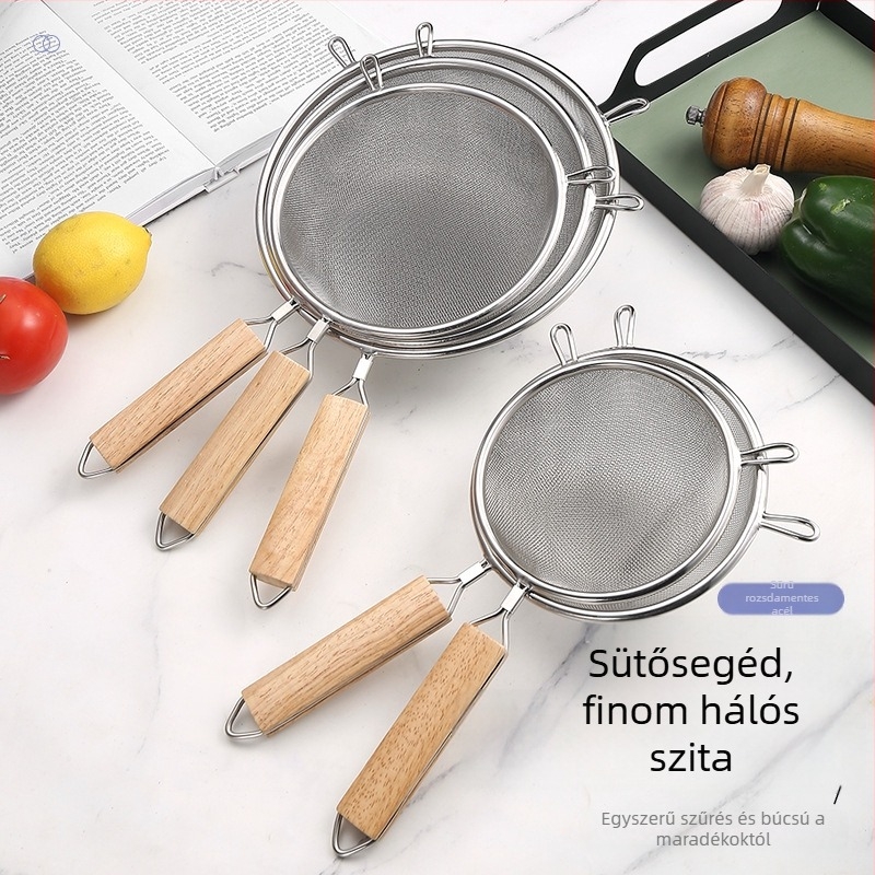 Rozsdamentes acél sütőkanál fa nyéllel, dupla fej, csúszásmentes, égés elleni védelem