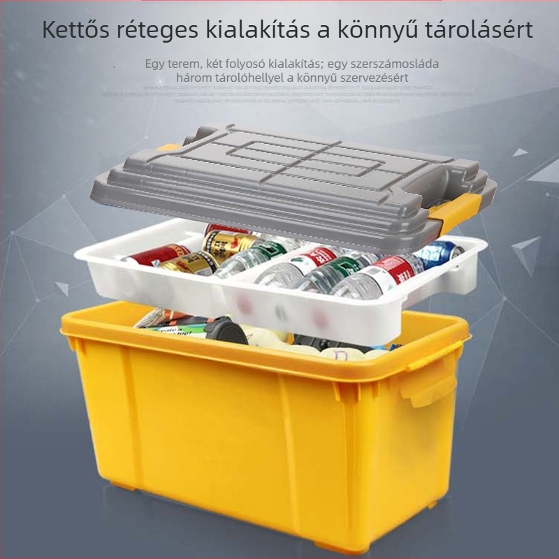 Autó belső tároló doboz, kétszintes kialakítás, 50 L kapacitás, polipropilén, egyszerű modern stílus, szerelés nélkül