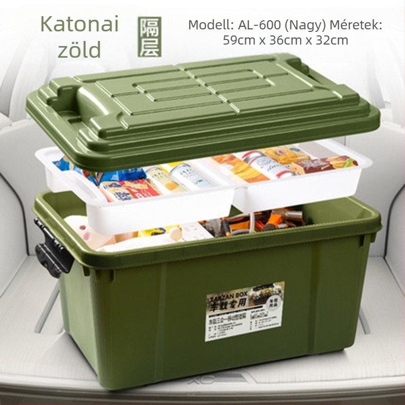 Autó belső tároló doboz, kétszintes kialakítás, 50 L kapacitás, polipropilén, egyszerű modern stílus, szerelés nélkül