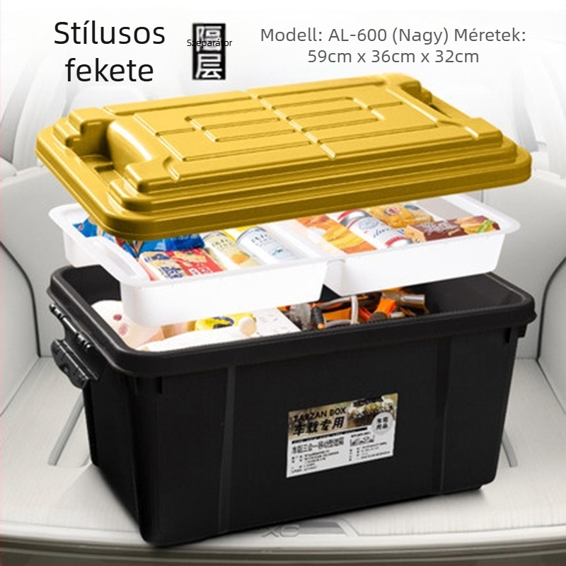 Autó belső tároló doboz, kétszintes kialakítás, 50 L kapacitás, polipropilén, egyszerű modern stílus, szerelés nélkül