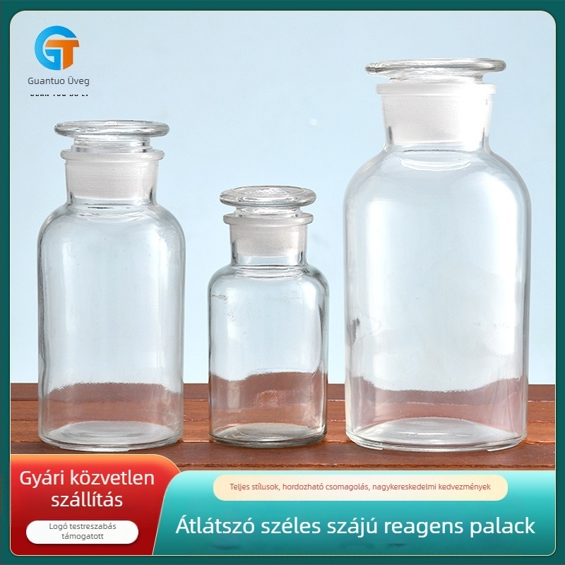 Guan tuo reagenseüveg széles szájú, matt felületű és tihető, laboratóriumi használatra; logónyomtatás elérhető; licencelt magánmárka