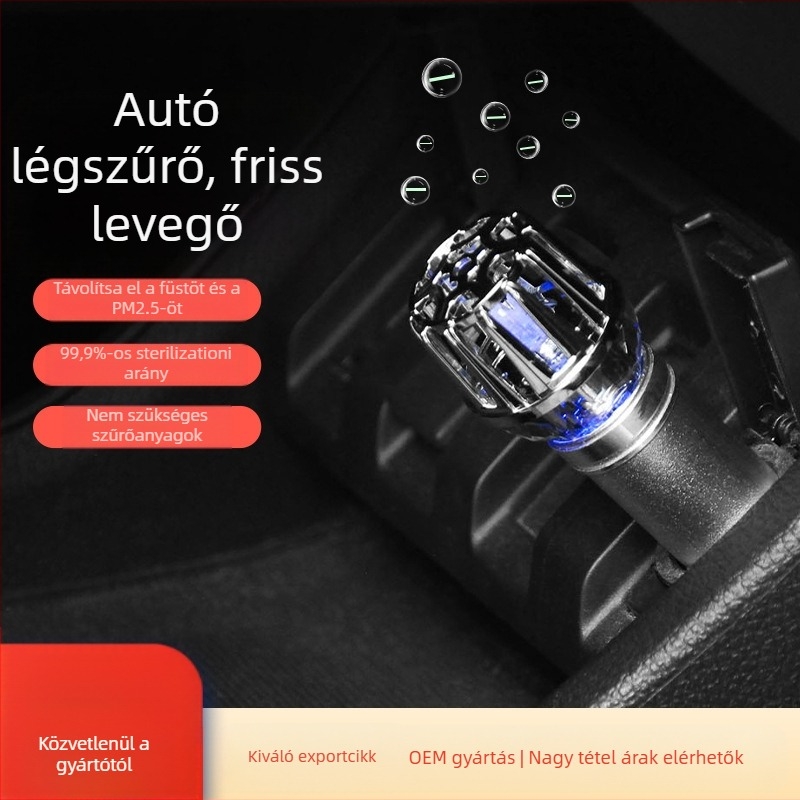 Autó belső levegőtisztító negatív ionokkal – JO-6288; teljesítmény 0,8W; feszültség 12V; negatív ion koncentráció 4 800 000; anyag alumíniumötvözet + ABS