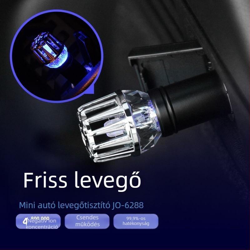 Autó belső levegőtisztító negatív ionokkal – JO-6288; teljesítmény 0,8W; feszültség 12V; negatív ion koncentráció 4 800 000; anyag alumíniumötvözet + ABS