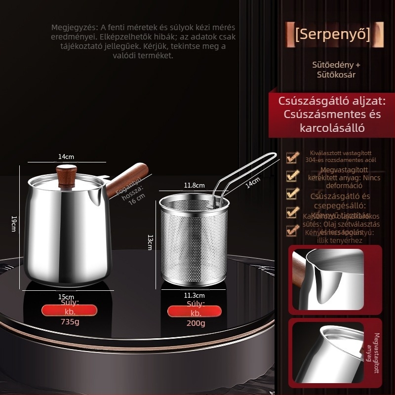 Diófa anyagú és 304 rozsdamentes acélból készült szigetelt fritőz, külső használatra, kosár a sütéshez és 304-es acélból készült fedél, összetett aljzatú, sütésre és szűrésre, modern minimalista stílus