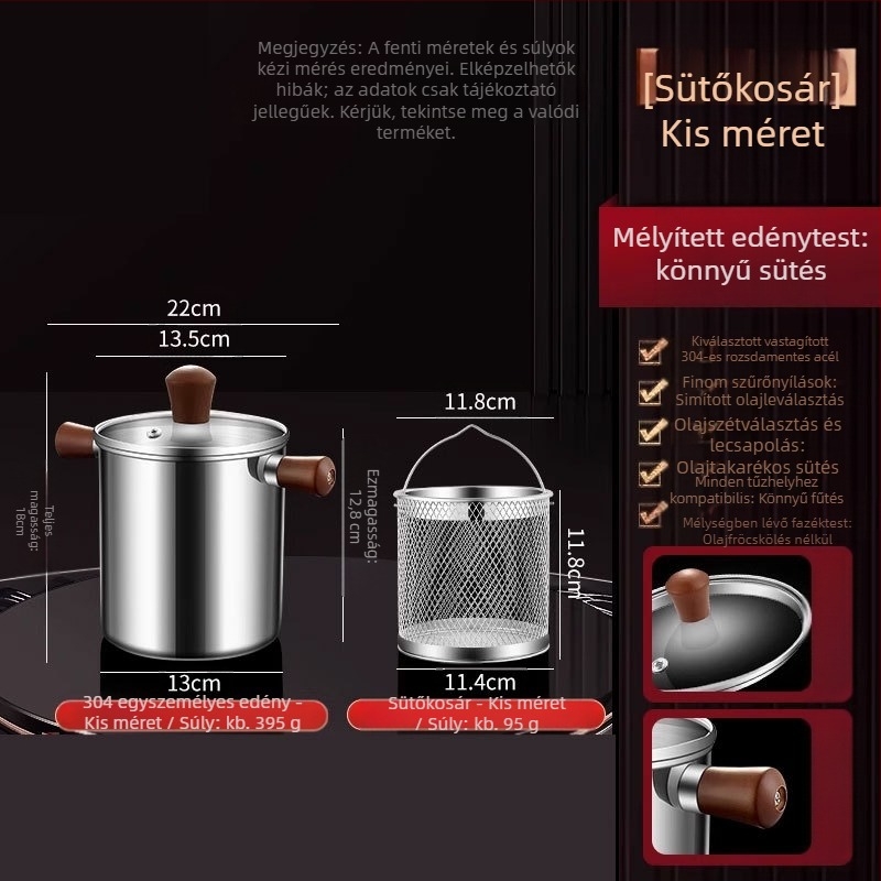 Diófa anyagú és 304 rozsdamentes acélból készült szigetelt fritőz, külső használatra, kosár a sütéshez és 304-es acélból készült fedél, összetett aljzatú, sütésre és szűrésre, modern minimalista stílus