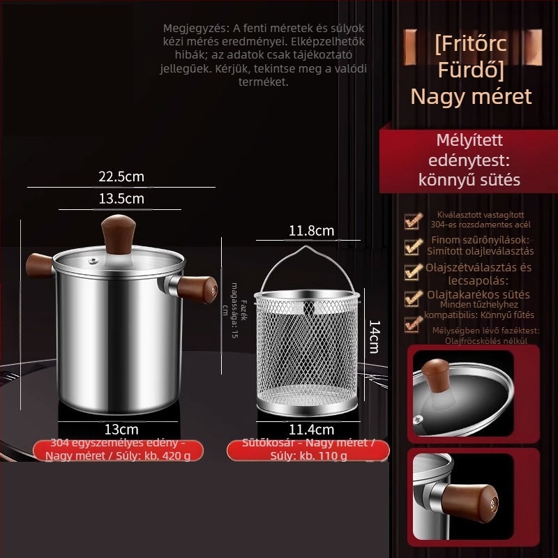 Diófa anyagú és 304 rozsdamentes acélból készült szigetelt fritőz, külső használatra, kosár a sütéshez és 304-es acélból készült fedél, összetett aljzatú, sütésre és szűrésre, modern minimalista stílus