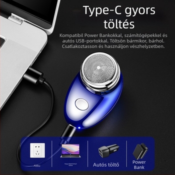 Elektromos borotva forgó fejjel; 1 fej; beépített akkumulátor 100–300 mAh; üzemidő 30–45 perc; kefés motor; mosható, levehető borotvafej.