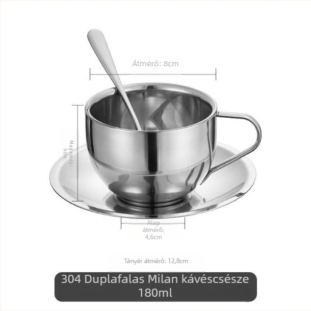 304 rozsdamentes acélból készült három darabos kávéscsésze készlet, dupla falú hőszigeteléssel, kanálos tálcával, iroda vagy kávézó számára