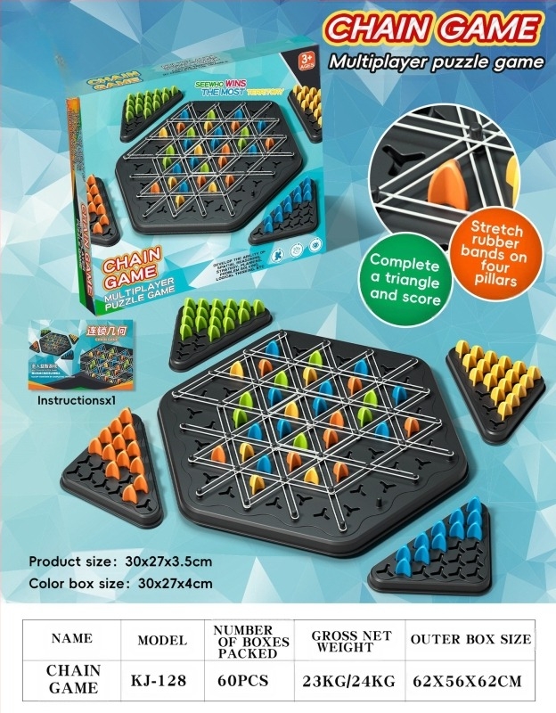 Asztali Puzzle Lánc Sakk – Többjátékos interaktív gumilánc-triángulus játék; műanyag kivitel; elősegíti a szülő-gyermek interakciót és a logikus gondolkodást; 4–60 évesek számára.