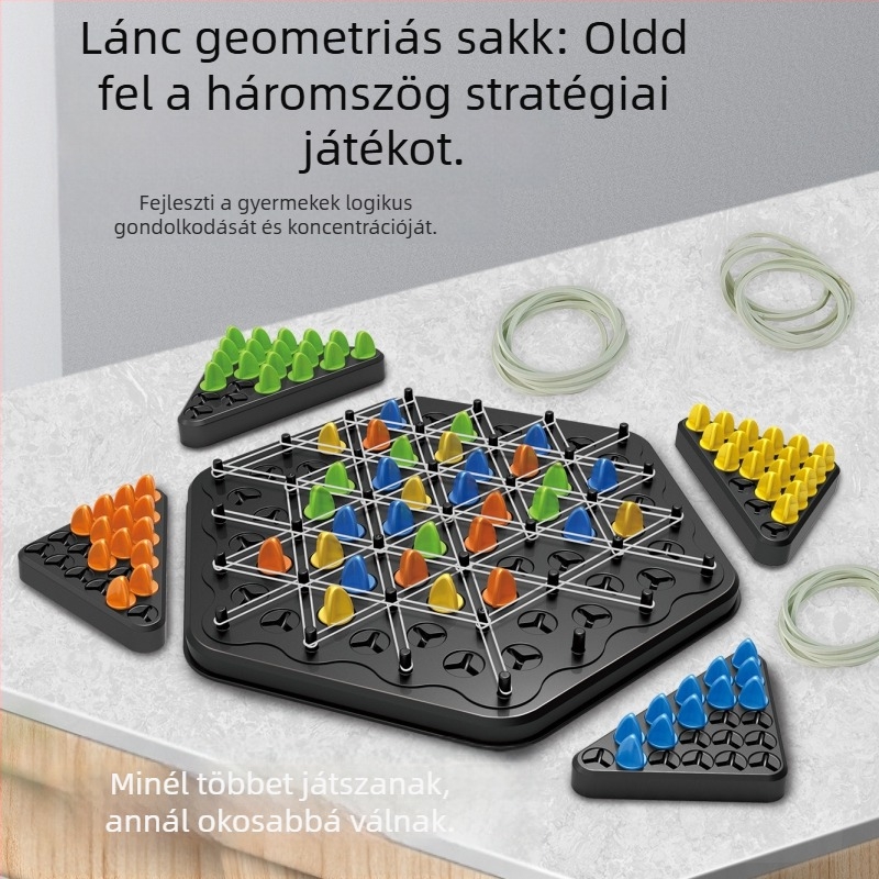 Asztali Puzzle Lánc Sakk – Többjátékos interaktív gumilánc-triángulus játék; műanyag kivitel; elősegíti a szülő-gyermek interakciót és a logikus gondolkodást; 4–60 évesek számára.