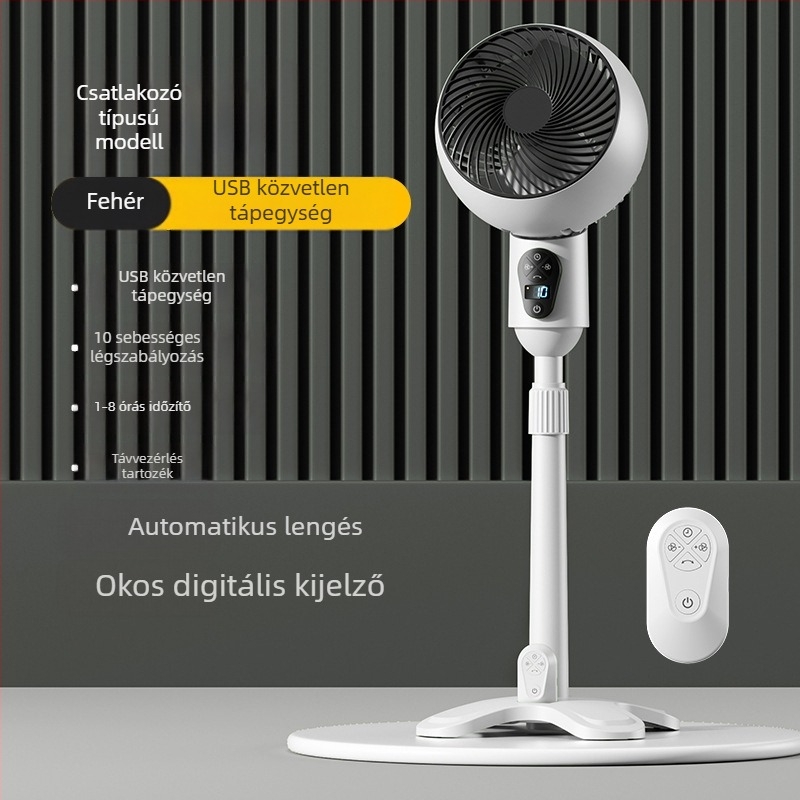 USB állóventilátor távirányítóval, oszcilláló, brushless motor, időzítő 2–8 óra, nagy légáramlás