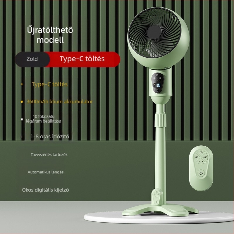 USB állóventilátor távirányítóval, oszcilláló, brushless motor, időzítő 2–8 óra, nagy légáramlás