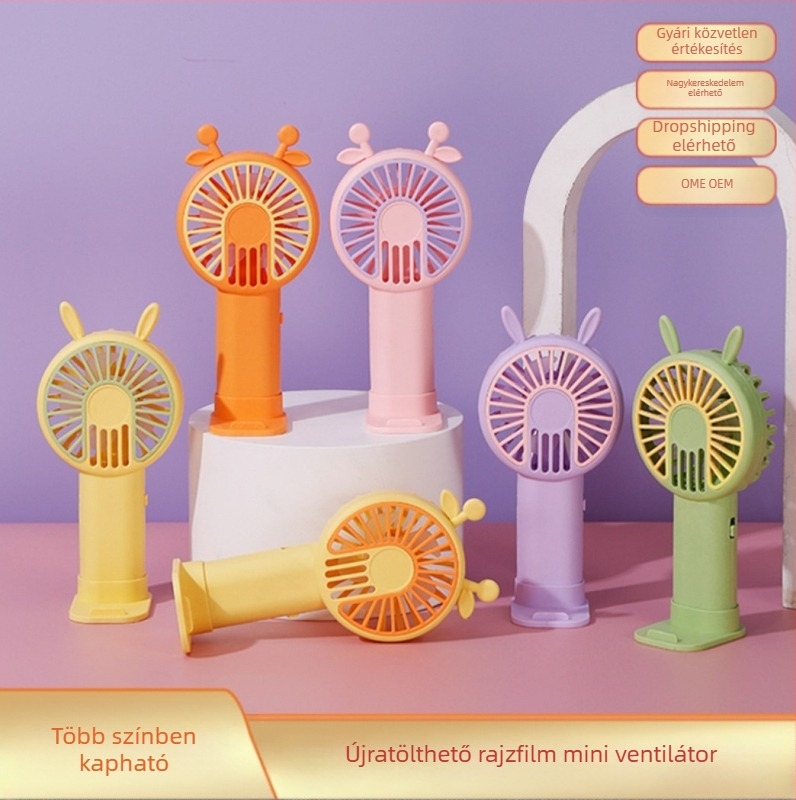 More Pleasure USB újratölthető kézi/asztali ventilátor négy lapáttal, beépített 1000–1200 mAh akkumulátor, zaj 50–60 dB, karikatúra stílus