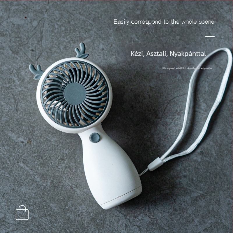More Pleasure USB újratölthető kézi/asztali ventilátor négy lapáttal, beépített 1000–1200 mAh akkumulátor, zaj 50–60 dB, karikatúra stílus